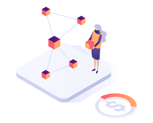 Computer generated graphic of a person holding a block with other blocks floating in front of them, representing once piece of the treasury management platform