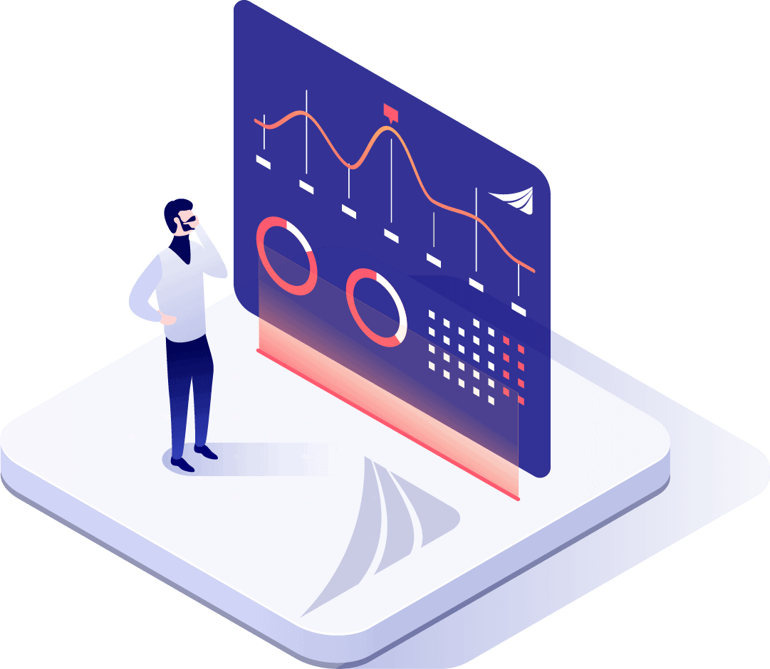 Computer generated image of a person looking at a large futuristic screen full of graphs, representing the core treasury management solution dashboard