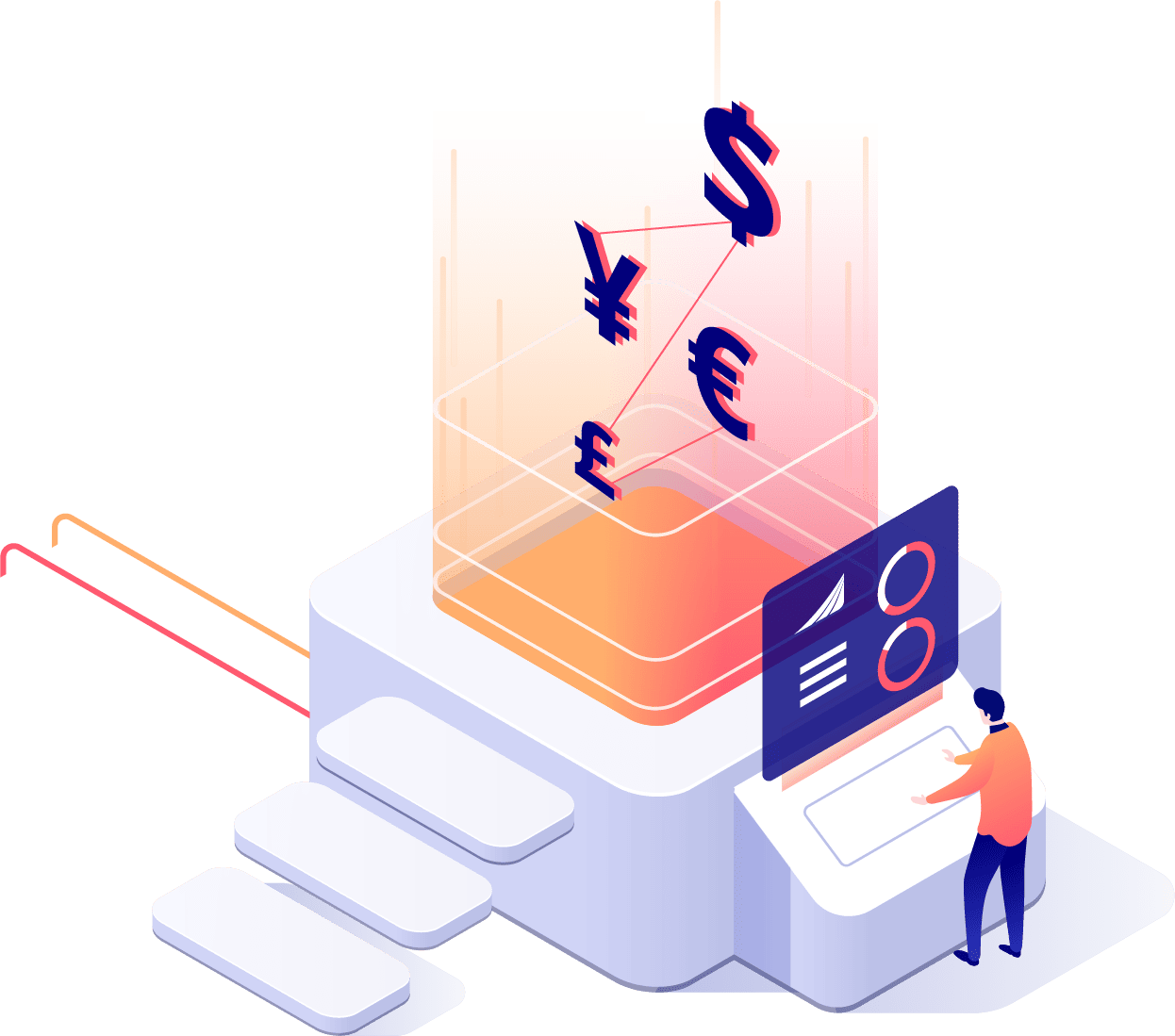 Computer generated graphic of a person at a futuristic computer terminal that is displaying multiple types of currencies, representing cash flow management