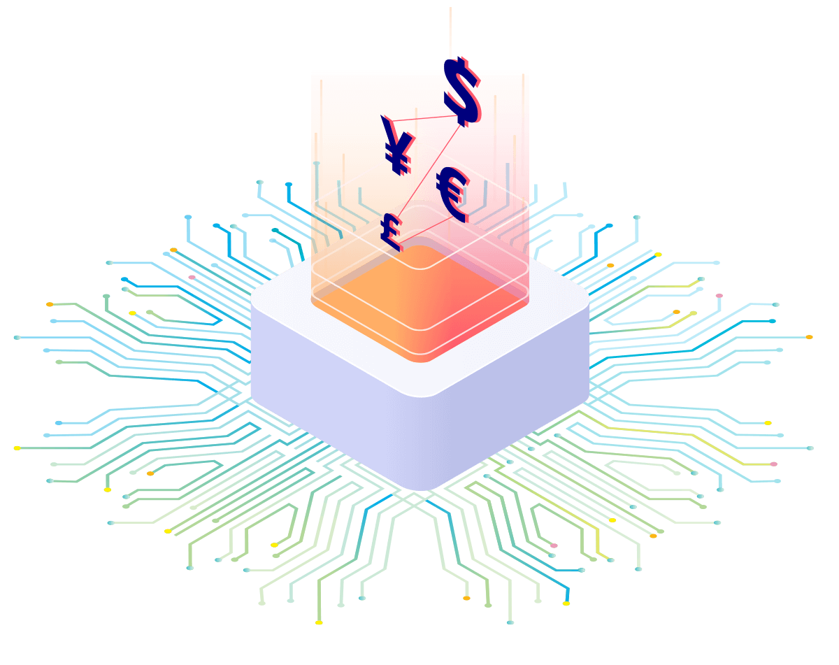 Decorative graphic of different currency signs coming out of a computer chip